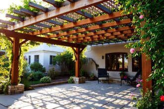Pergola bioclimatique moderne dans un jardin bien aménagé