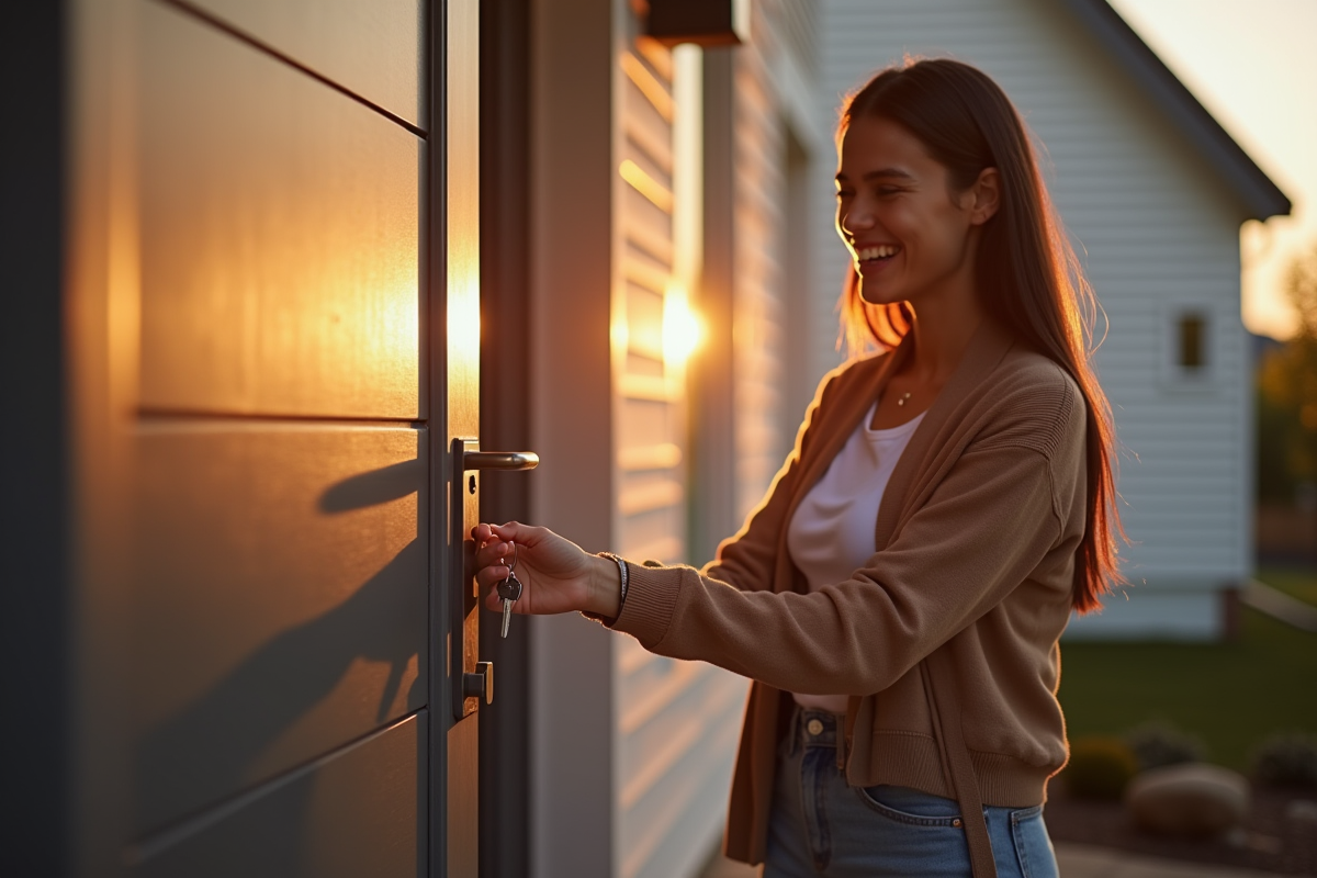 Personne souriante tenant les clés devant sa nouvelle maison