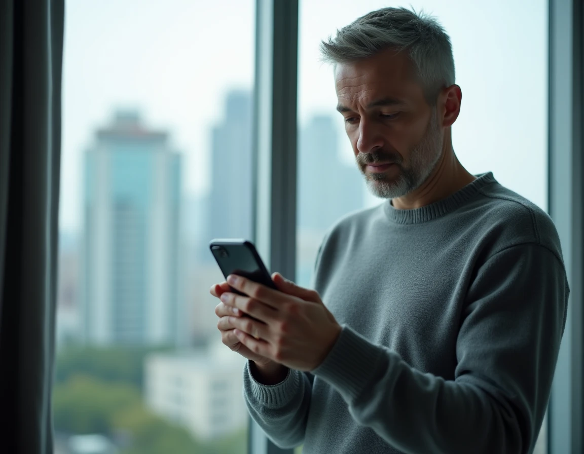 Homme activant son compte MyFoncia via smartphone avec vérification de sécurité