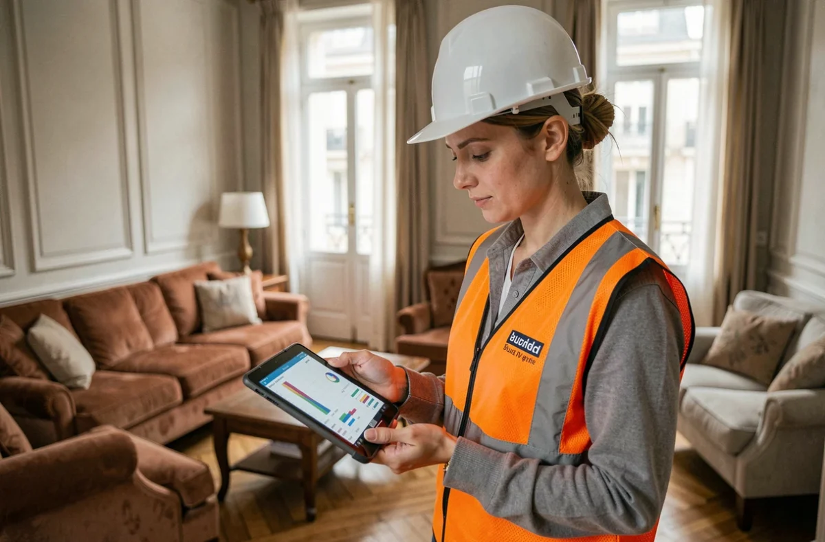 Diagnostiqueur d'AGENDA Diagnostics inspectant un appartement dans les Hauts-de-Seine avec une tablette numérique