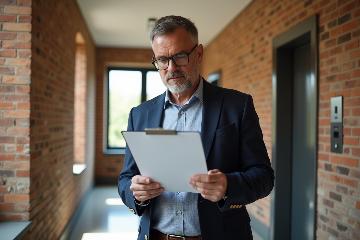 Agent immobilier vérifiant un contrat dans un couloir lumineux