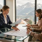 Agent immobilier en Andorre présentant des documents d'achat d'appartement à un couple dans une agence moderne avec vue sur les montagnes