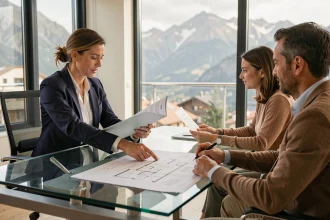 Agent immobilier en Andorre présentant des documents d'achat d'appartement à un couple dans une agence moderne avec vue sur les montagnes