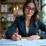Agente immobilière analysant un contrat de bail dans une agence immobilière moderne en zone tendue