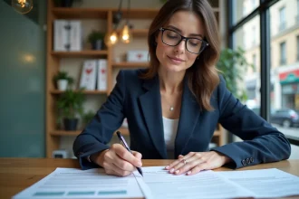 Agente immobilière analysant un contrat de bail dans une agence immobilière moderne en zone tendue