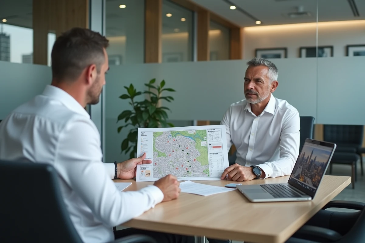 Agent immobilier présentant une carte comparative des prix au m² par quartier à un client en agence