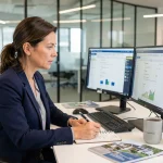Agent immobilière comparant un logiciel immobilier professionnel à des outils gratuits sur deux écrans dans une agence moderne