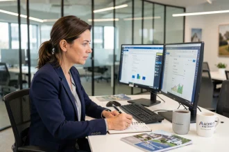 Agent immobilière comparant un logiciel immobilier professionnel à des outils gratuits sur deux écrans dans une agence moderne