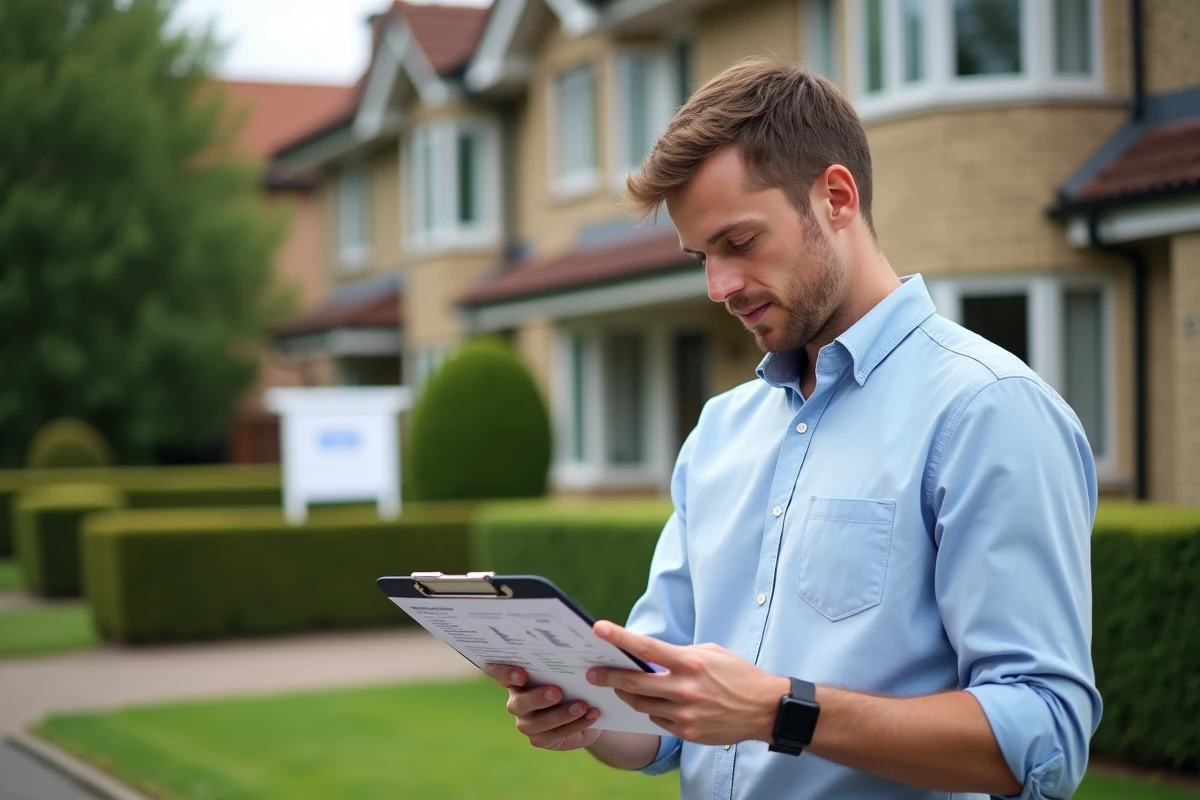 Agent immobilier consultant une estimation de bien sur smartphone devant une maison avant de négocier avec l'acheteur