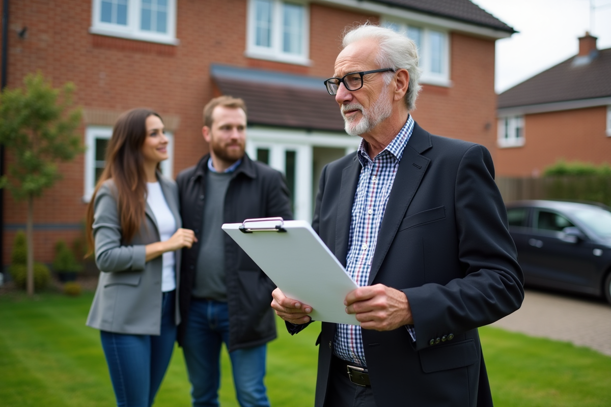 Agent immobilier expliquant la valeur à un couple devant une maison