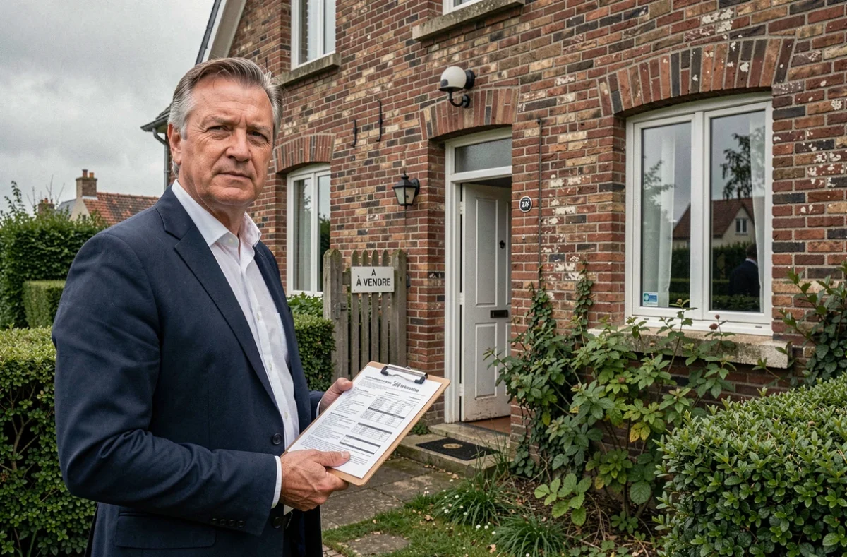 Agent immobilier devant une maison à vendre en urgence dans le Nord-Pas-de-Calais dans le contexte d'un divorce
