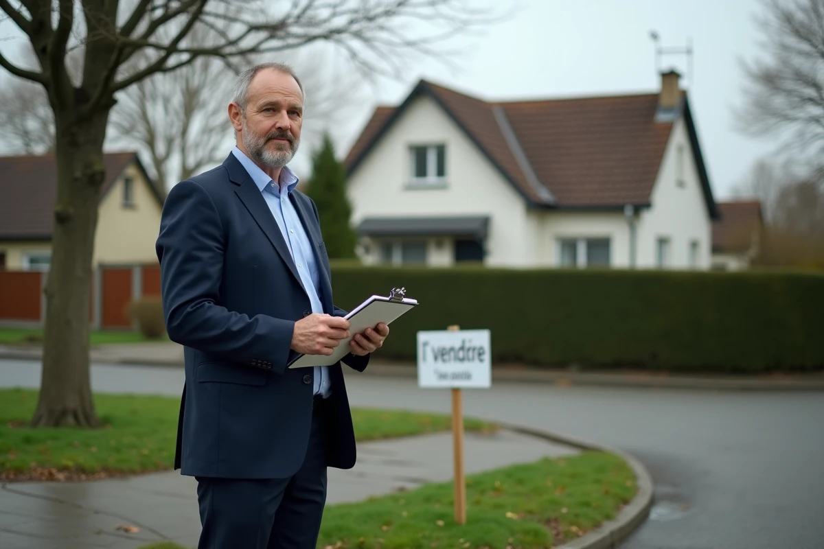 Agent immobilier devant une maison à vendre en urgence lors d'une procédure de divorce