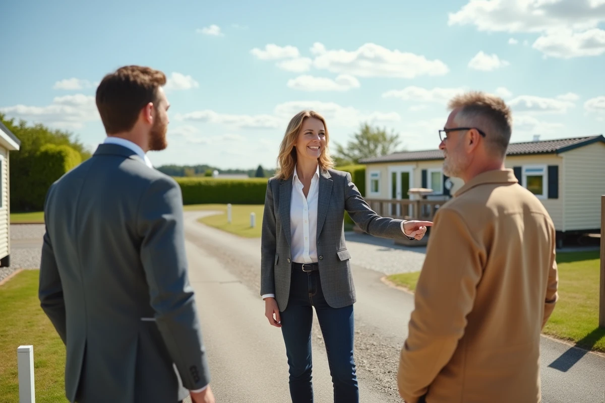 Agent immobilier présentant une parcelle de terrain avec mobil home à un couple d'acheteurs potentiels