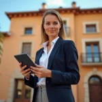 Agent immobilier devant un immeuble catalan traditionnel à Perpignan, tenant une tablette avec des annonces immobilières
