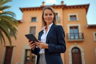 Agent immobilier devant un immeuble catalan traditionnel à Perpignan, tenant une tablette avec des annonces immobilières