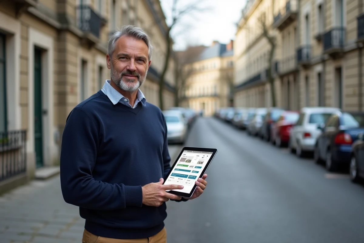 Agent immobilier consultant des données de prix au m² par quartier à Saint-Étienne sur une tablette dans la rue