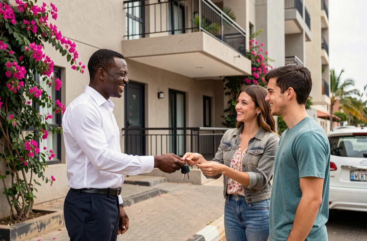 Agent immobilier remettant les clés d'un appartement meublé à un couple de locataires devant un immeuble moderne à Dakar