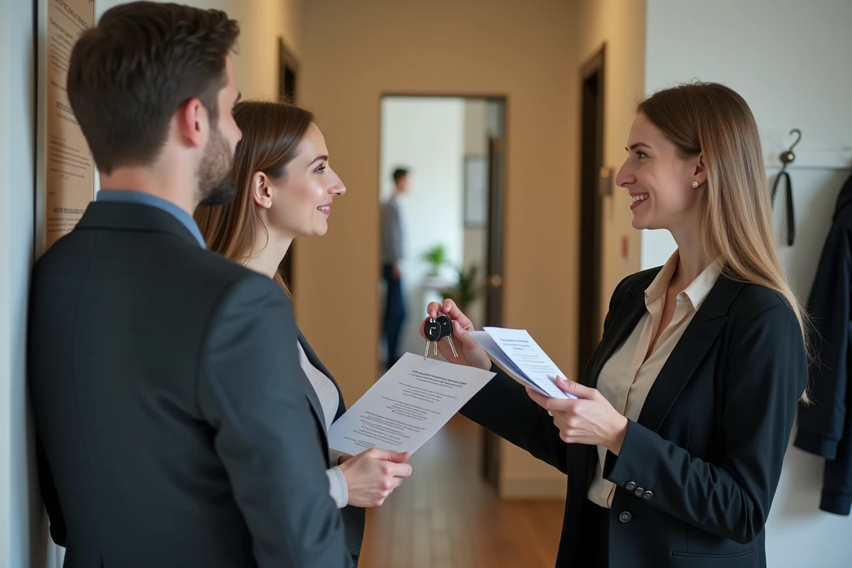 Agent immobilier remettant les clés et un contrat de colocation à deux nouveaux locataires dans un couloir d'appartement