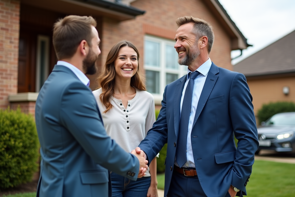 Agent immobilier serre la main à un couple devant maison