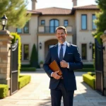 Agent immobilier devant une villa de luxe lors d'une estimation immobilière haut de gamme