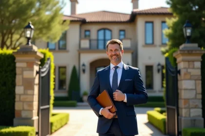 Agent immobilier devant une villa de luxe lors d'une estimation immobilière haut de gamme