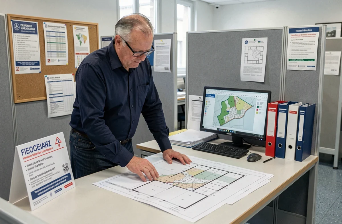 Agent municipal d'une mairie française examinant un dossier de déclaration préalable de travaux avec des plans architecturaux