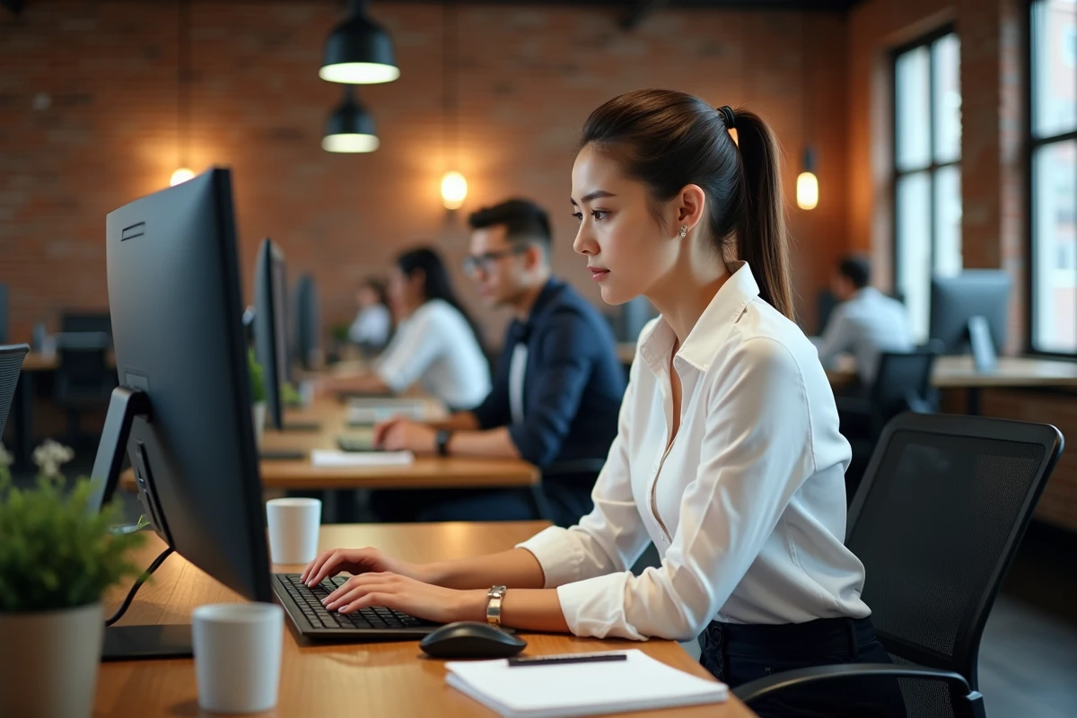 Jeune professionnelle lisant une alerte de sécurité de compte sur un écran d'ordinateur dans un espace de coworking