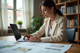Femme analysant des documents immobiliers pour choisir un appartement Pierre et Vacances rentable
