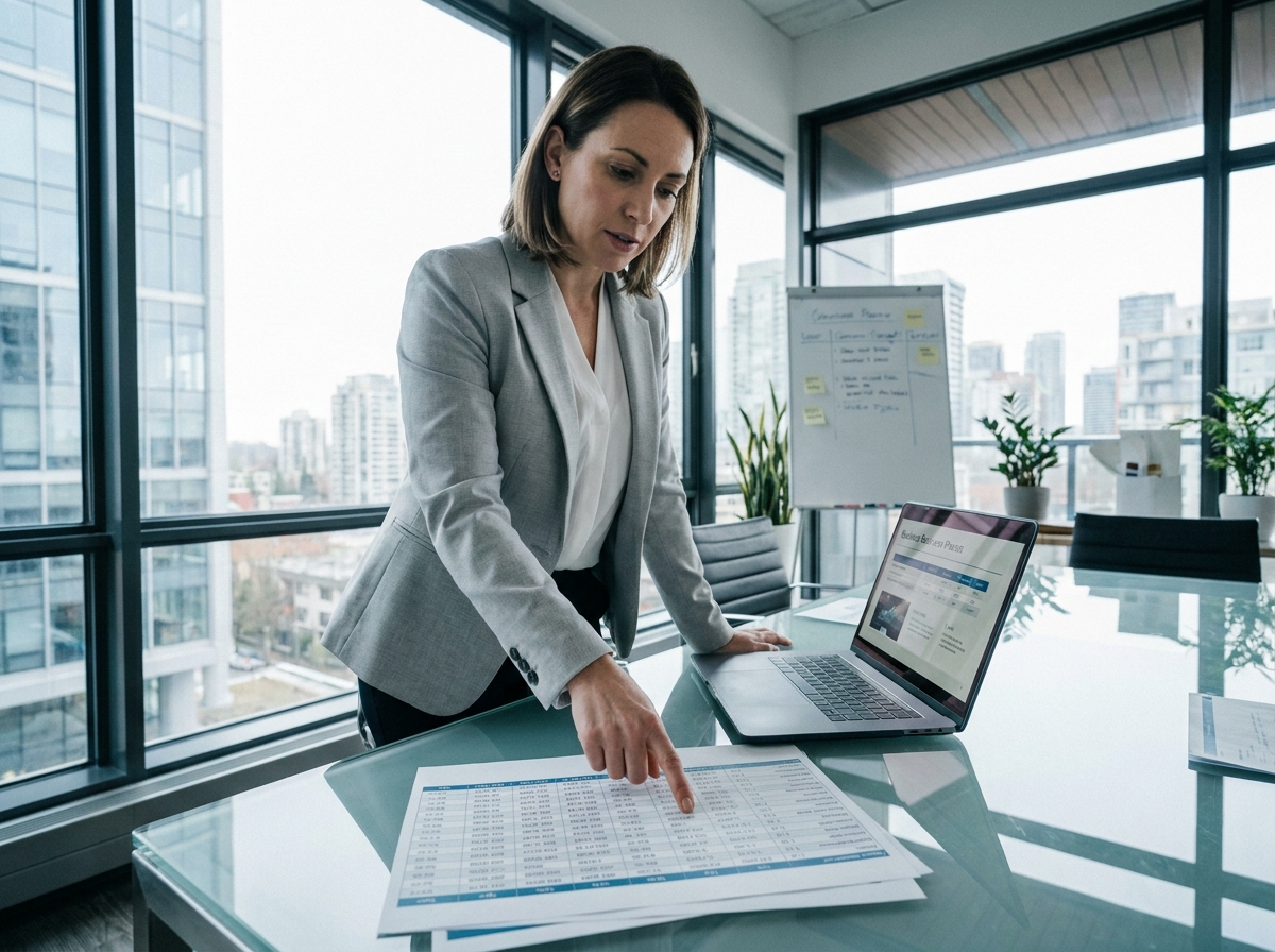 Femme cadre examinant un tableau des frais de gestion d'une SCPI lors d'une réunion professionnelle