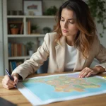 Femme analysant une carte des quartiers de Saint-Étienne avec les prix au mètre carré dans un bureau à domicile