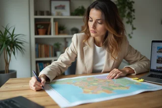 Femme analysant une carte des quartiers de Saint-Étienne avec les prix au mètre carré dans un bureau à domicile
