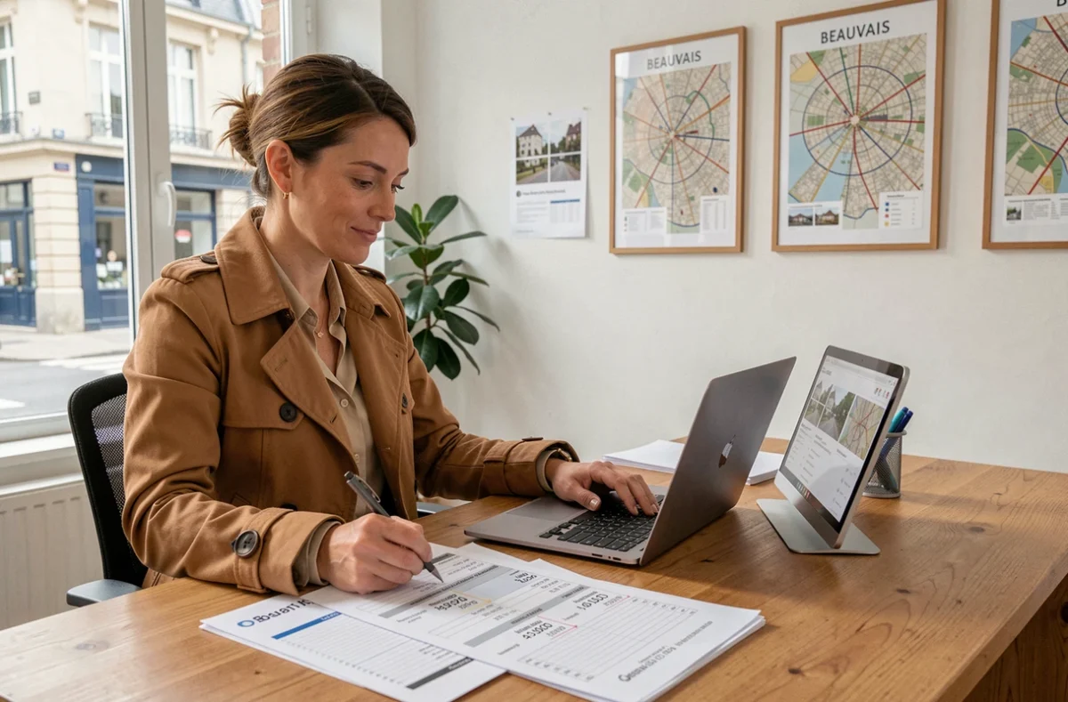 Femme analyste immobilière étudiant des rendements locatifs sur ordinateur portable dans une agence immobilière française