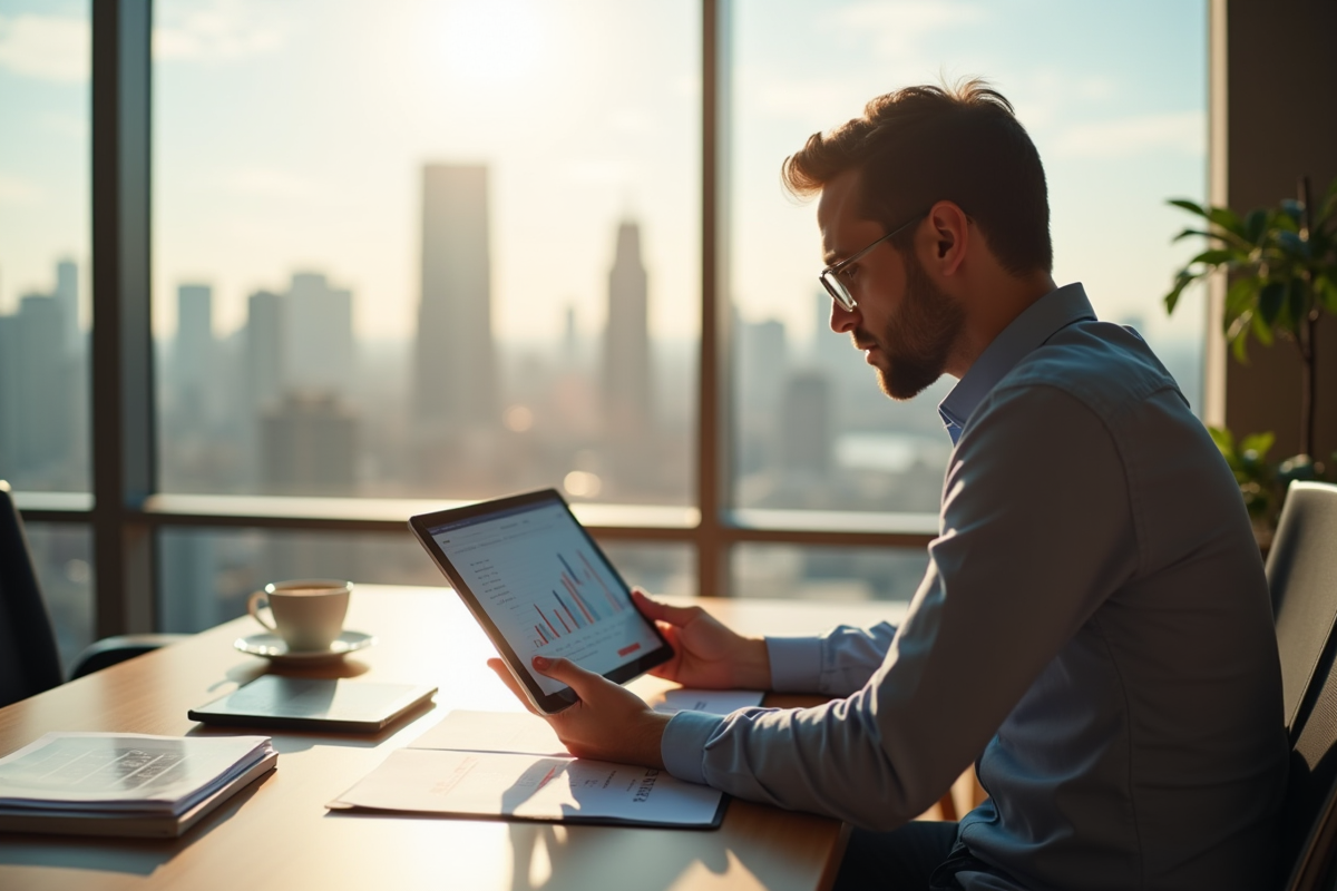 Analyste financier examinant des graphiques de taux d'intérêt sur une tablette