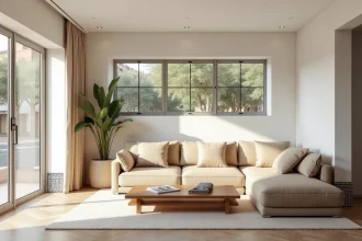 Salon d'un appartement moderne à vendre à Guéliz Marrakech avec vue sur avenue arborée