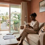 Femme consultant une annonce de location sur tablette dans un appartement meublé moderne à Dakar avec décor sénégalais contemporain
