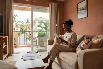 Femme consultant une annonce de location sur tablette dans un appartement meublé moderne à Dakar avec décor sénégalais contemporain