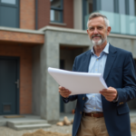 Architecte homme regardant des plans devant une maison en construction