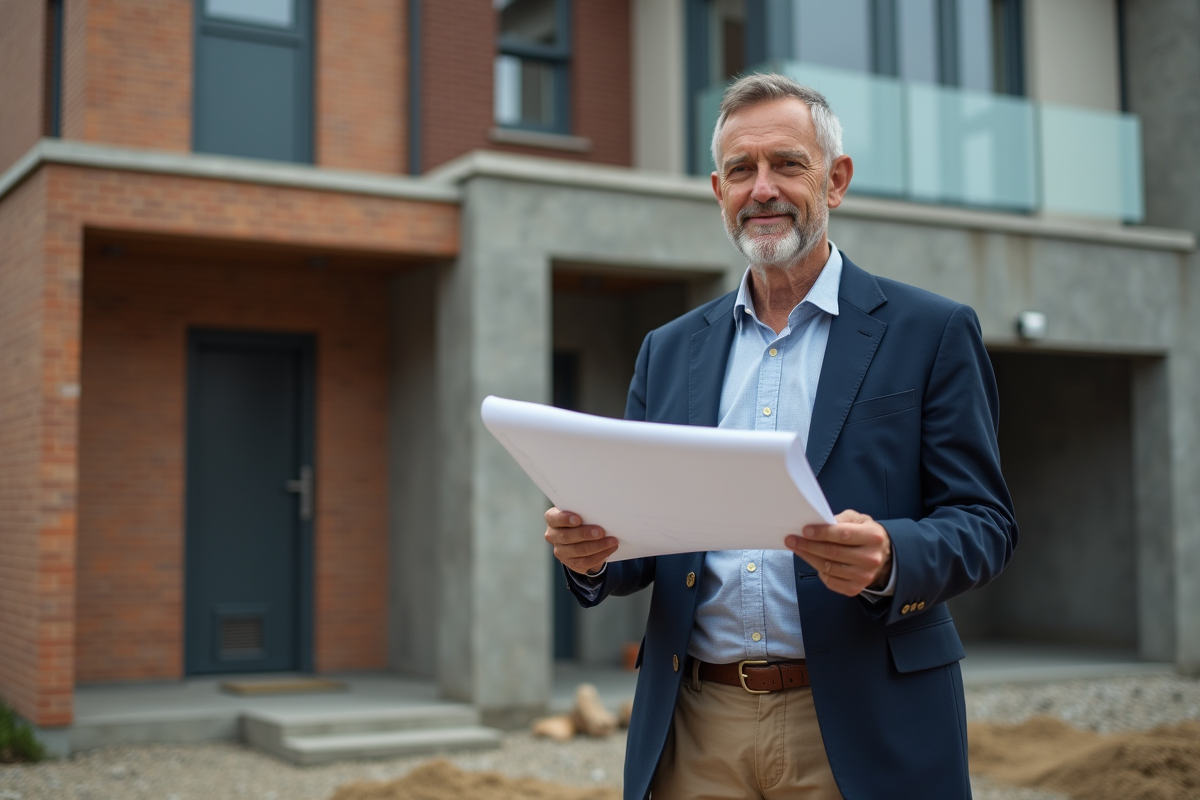 Architecte homme regardant des plans devant une maison en construction