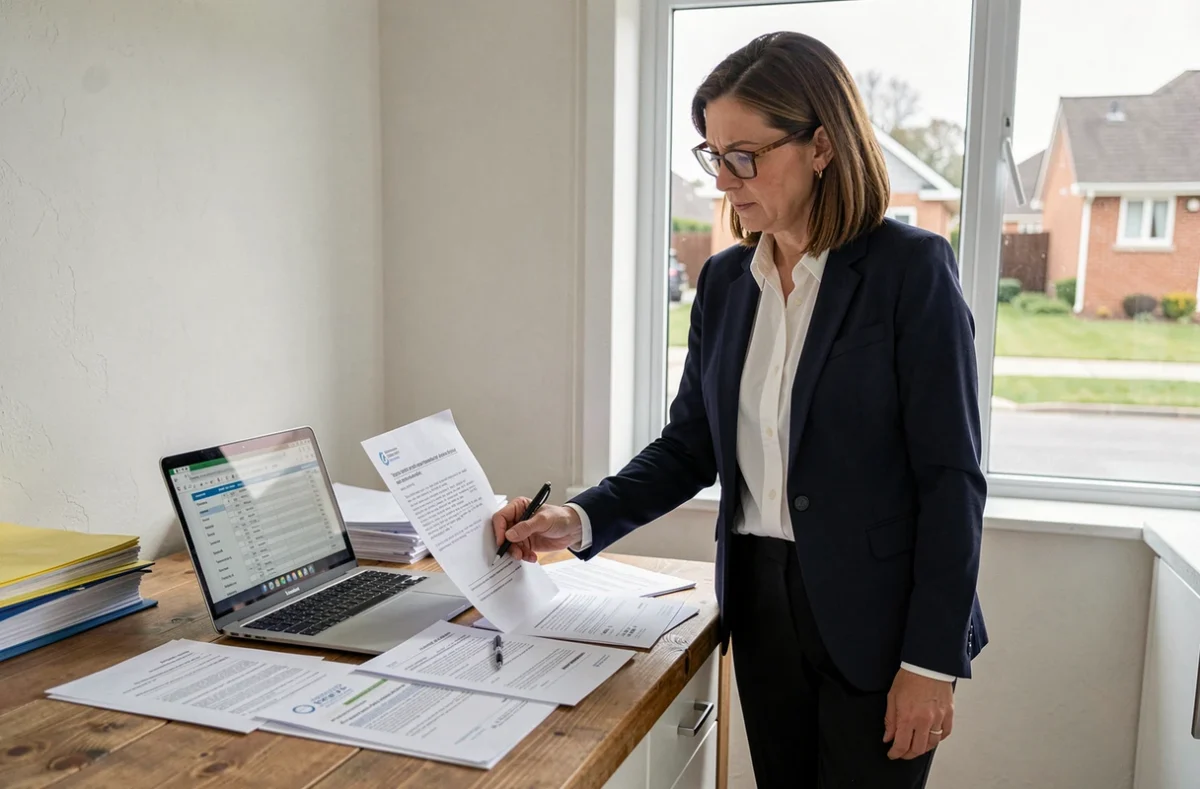 Architecte analysant des devis et documents officiels pour estimer le prix de viabilisation d'un terrain à bâtir