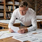 Architecte consultant des documents réglementaires liés à l'ERRIAL et aux obligations légales immobilières sur un bureau en bois