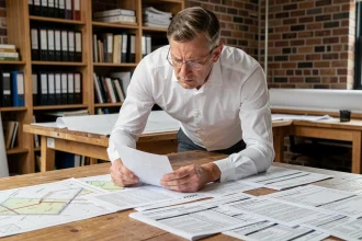 Architecte consultant des documents réglementaires liés à l'ERRIAL et aux obligations légales immobilières sur un bureau en bois