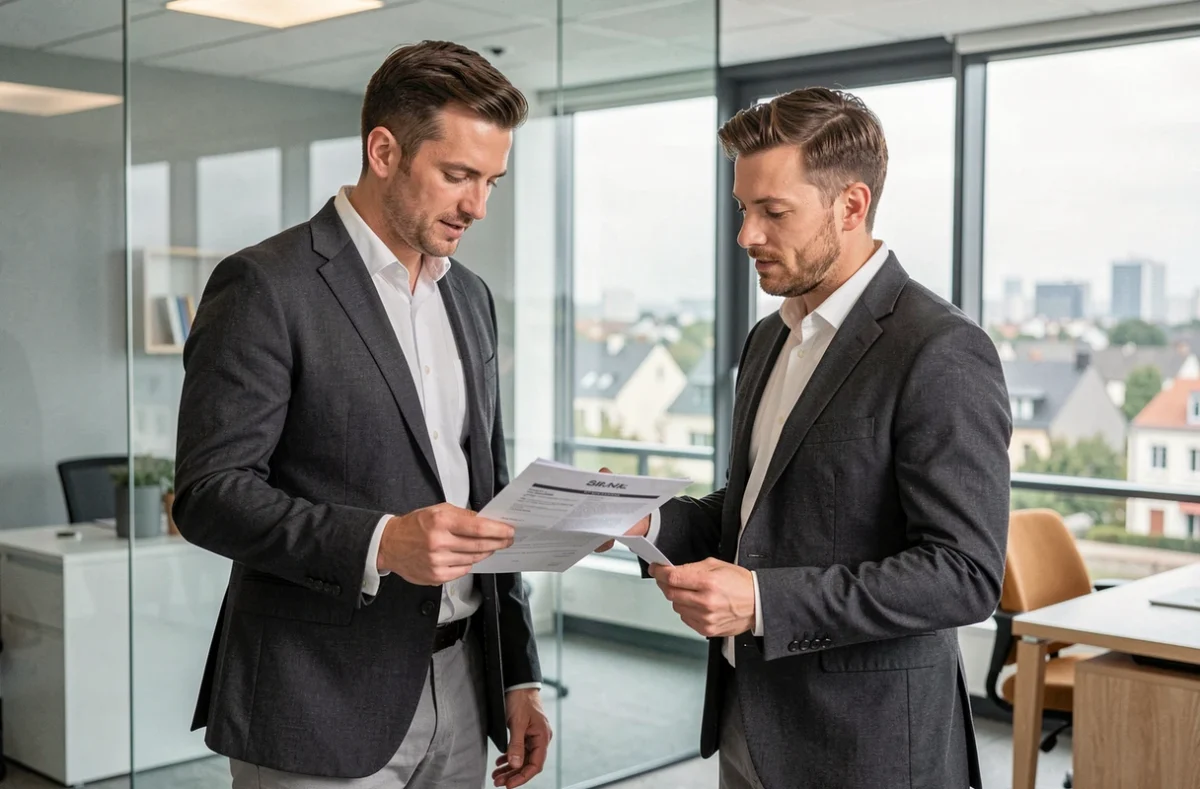 Expert immobilier d'Arliane Immobilier 92 présentant un rapport de diagnostic à un client dans une agence moderne