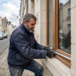 Artisan mesurant une fenêtre sur une maison en pierre au Mans pour un projet de remplacement