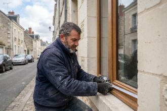 Artisan mesurant une fenêtre sur une maison en pierre au Mans pour un projet de remplacement