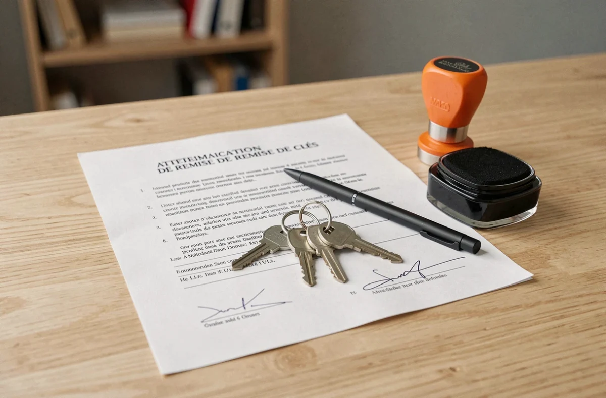 Gros plan sur une attestation de remise de clés imprimée avec jeu de clés et tampon encreur sur un bureau