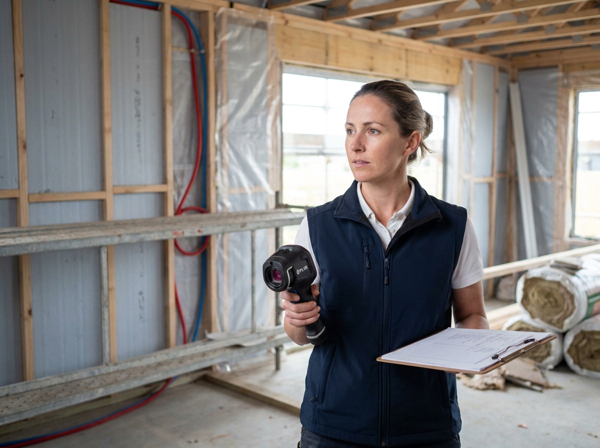Auditrice énergétique inspectant l'isolation thermique d'une maison en construction selon les normes RE2020