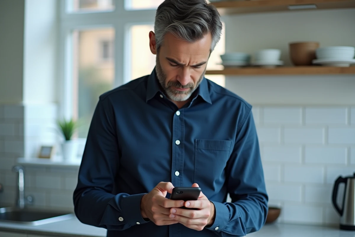 Homme vérifiant un code d'authentification à deux facteurs sur son smartphone dans une cuisine moderne