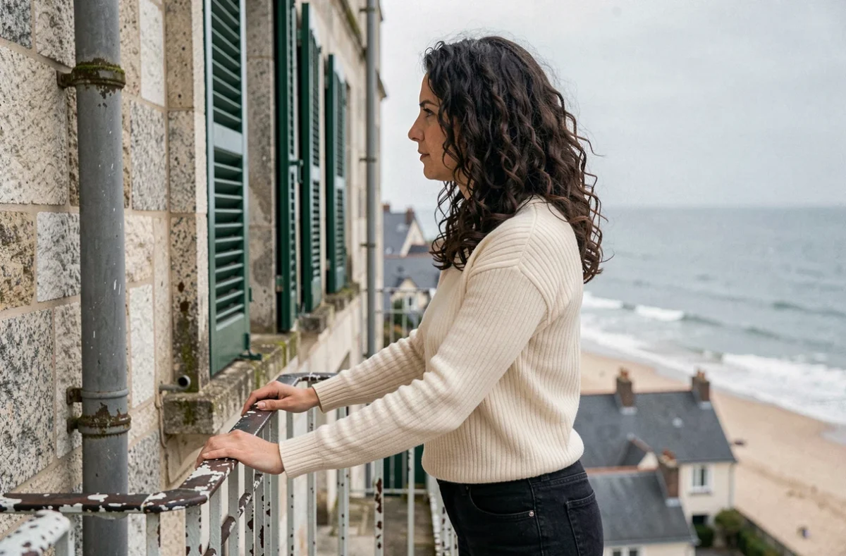 Femme debout sur le balcon d'un appartement à Concarneau avec vue sur la mer et les toits bretons