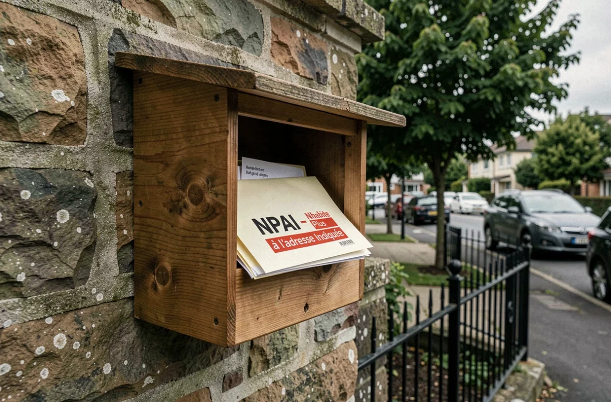 Boîte aux lettres extérieure contenant une enveloppe avec étiquette NPAI retournée au facteur