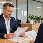 Un investisseur immobilier discute d'une caution bancaire avec son conseiller dans une agence moderne, documents de bail sur le bureau